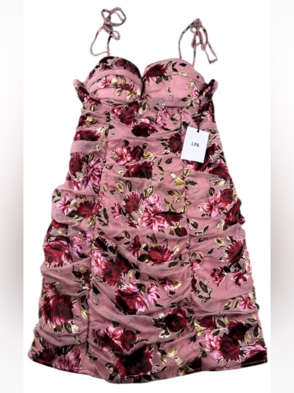 LPA Mauve Pink Floral Velvet Burnout Ruched Bodycon Mini Dress Medium New